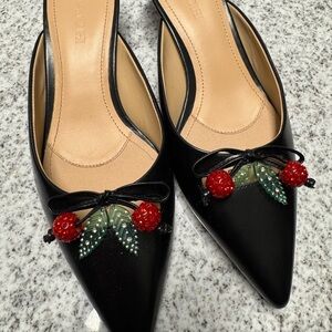 COACH Black Women's Kitten Heel Mules with Cherry Accents
